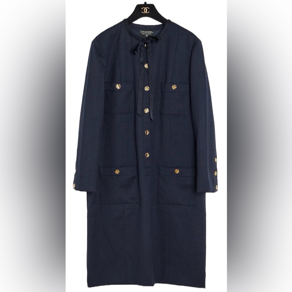 Vintage Chanel wool blazer dress with 16 24k gold clover buttons silk lined